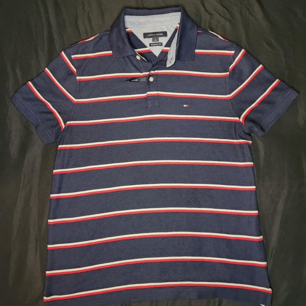 Tommy Hilfiger Men's Striped Polo Navy Blue Medium with white and red Stripes